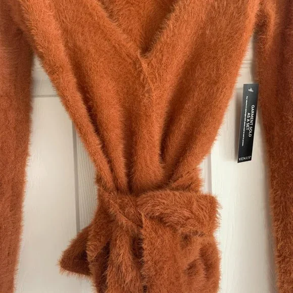 Camel Fuzzy Wrap Sweater. Tie Front, Long Sleeve. Sexy, Low Plunge V-Neck. US S - Picture 4 of 7